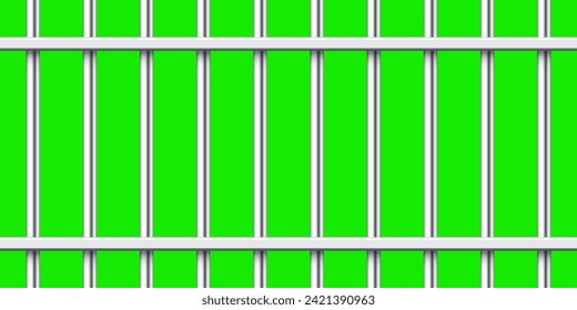 Shiny metal prison bars isolated on green chroma key. Detailed jail cage, prison iron fence. Criminal background mockup. Vector illustration