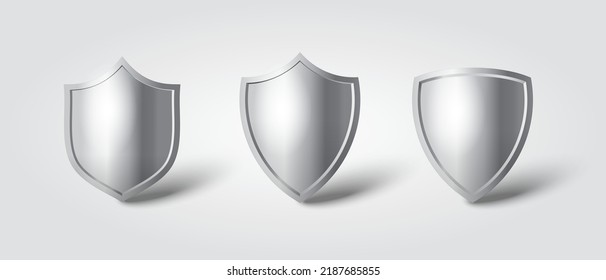 Shiny metal shield vector set isolated. Shield template. Symbol of protection and security.