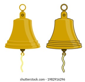 shiny metal ship bell on mount. Ringing bell on boat. Colored vector in cartoon style