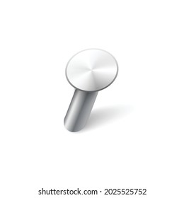 Shiny metal or silver nail with a shadow, not completely hammered into white wall. Realistic vector illustration isolated on white background. Steel round pin head.