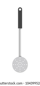 Shiny metal skimmer with black plastic handle. Convenient kitchenware that looks like spoon with holes. Kitchen utensil isolated vector illustration.