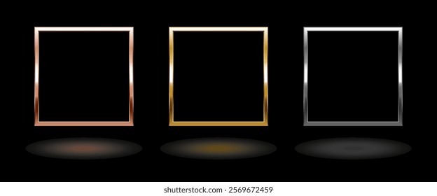 Shiny metal square frame. Isolated luxury pink gold, gold and silver border on black background. Set of glossy quadrilateral frame mockup design element. 3d Vector illustration.