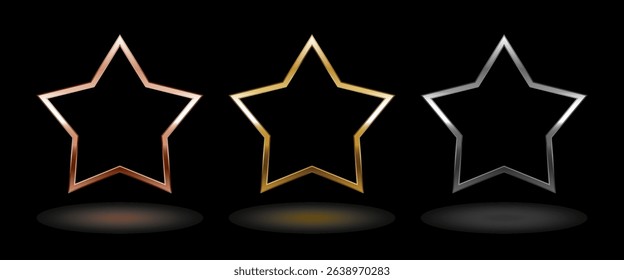 Shiny metal star frame. Isolated luxury pink gold, gold and silver five pointed star border on black background. Set of glossy geometric frame mockup design element.