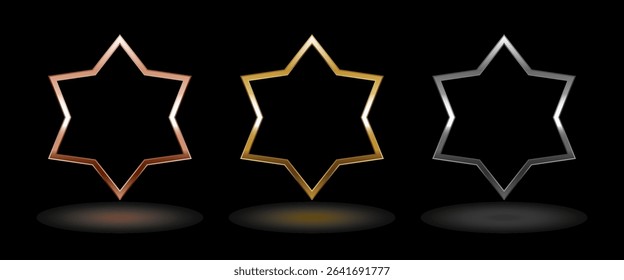 Shiny metal star frame. Isolated luxury pink gold, gold and silver six pointed star border on black background. Set of glossy geometric flat frame mockup design element.