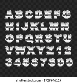 Colección de letras y números de letras de alfabeto de mayúsculas y minúsculas con un estilo de metal brillante