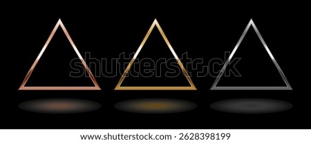 Shiny metal triangle frame. Isolated luxury pink gold, gold and silver triangle border on black background. Set of glossy geometric flat frame mockup design element.