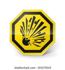 Shiny metal warning sign of explosion on white background
