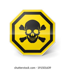 Shiny metal warning sign with skull and crossbones on white background