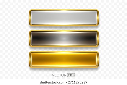 Glänzende Metallknöpfe mit goldenen Rahmen, in den Farben Silber, Schwarz und Gold für das Web-Design. Vektorgrafik