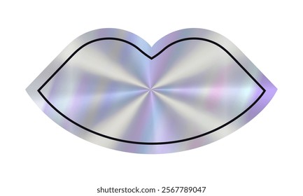 A shiny metallic empty lips hologram sticker with smooth curves and clean outlines with place for text. Holographic effect label for beauty, fashion background with copy space
