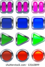 Shiny metallic glowing control panel button icons in various rollover state versions
