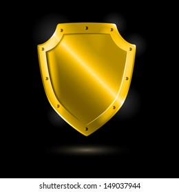 Shiny metallic golden shield on black. Vector illustration