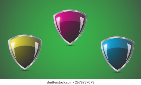 Glänzendes Metallic-Symbol mit Schildform auf grünem Hintergrund
