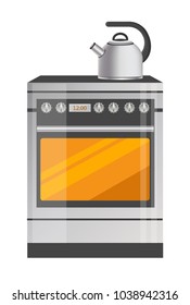 Shiny metallic kettle on brand-new kitchen stove. Modern oven and teapot on it. Basic kitchenware and electric appliance isolated vector illustration.
