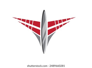 Shiny metallic logo with red wings. Editable Clip Art.