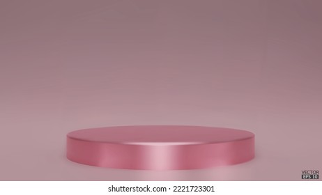 Shiny metallic pink round pedestal on studio backdrops. Pink Blank display or clean room for showing product. Minimalist mockup for podium display or showcase. 3D vector illustration.