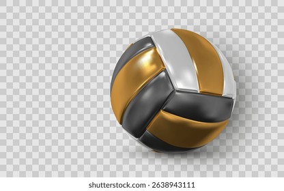 Shiny Metallic Volleyball Ball With Gold, Silver, and Black Panels on Transparent Background. High-Detail 3D Sport Object for Premium Design Projects. Vector Illustration.