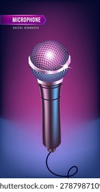 Shiny microphone gleams under vibrant purple and blue light. Metal mesh grille reflects glowing hues of stage ambiance. Coiled cable trails gracefully from sleek, polished handle