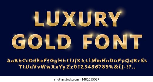 Shiny Modern Gold Font Isolated On Blue Background. Vintage Golden Numbers And Letters With Shadows. Detailed 3d Alphabet. Typography Yellow Gold Bold Mockup. Anniversary Letters. Vector