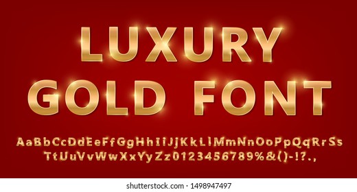 Shiny Modern Gold Font Isolated On Red Ambient Background. Vintage Golden Numbers And Letters With Shadows. Detailed 3d Alphabet. Typography Yellow Gold Bold Mockup. Anniversary Letters. Vector