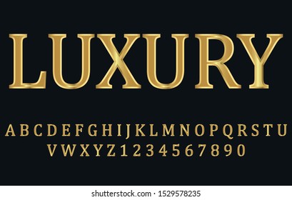 Shiny Modern Gold Font Isolated On Black Transparent Background. Vintage Golden Numbers And Letters With Shadows. Detailed 3d Alphabet. Typography Yellow Gold Bold Mockup. Anniversary Letters. Vector