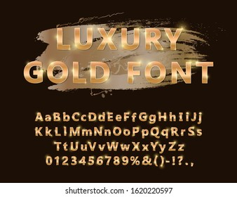 Shiny Modern Gold Font Isolated On Brown Background. Vintage Golden Numbers And Letters With Shadows. Detailed 3d Alphabet. Typography Yellow Gold Bold Mockup. Anniversary Letters. Vector