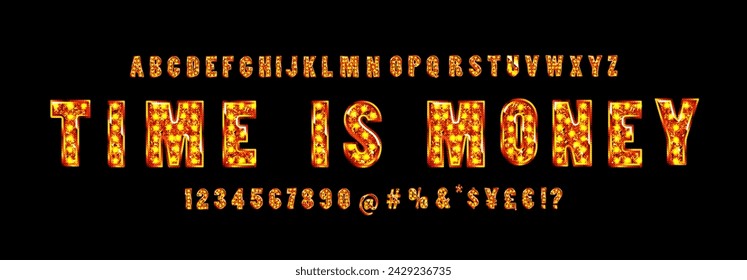 Shiny modern gold font isolated on black background. Vintage golden numbers and letters with shadows. Detailed 3d alphabet. Typography yellow gold bold mockup. Anniversary letters. Vector