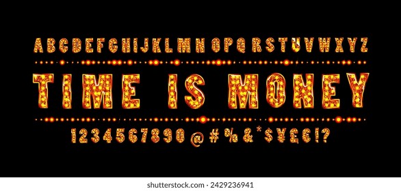 Shiny modern gold font isolated on black background. Vintage golden numbers and letters with shadows. Detailed 3d alphabet. Typography yellow gold bold mockup. Anniversary letters. Vector