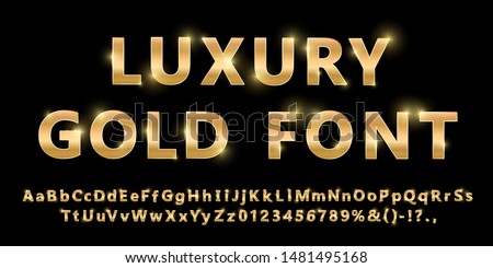 Shiny modern gold font isolated on black background. Vintage golden numbers and letters with shadows. Detailed 3d alphabet. Typography yellow gold bold mockup. Anniversary letters. Vector