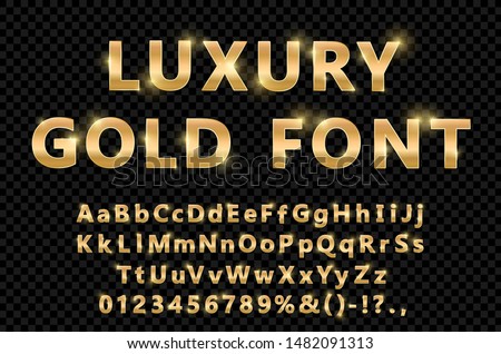 Shiny modern gold font isolated on black transparent background. Vintage golden numbers and letters with shadows. Detailed 3d alphabet. Typography yellow gold bold mockup. Anniversary letters. Vector