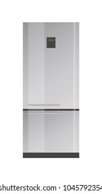 Shiny modern refrigerator with sensor panel. Spacious fridge of high quality. Electric kitchen appliance to keep food isolated vector illustration.