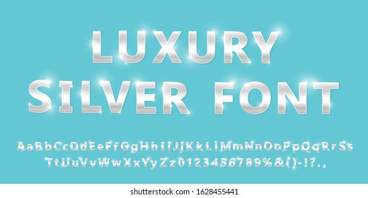 Shiny Modern Silver Font Isolated On Turquoise Background. Vintage Platinum Numbers And Letters With Shadows. Detailed 3d Alphabet. Typography Metal Steel Bold Mockup. Anniversary Letters. Vector