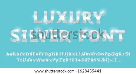 Shiny modern silver font isolated on turquoise background. Vintage platinum numbers and letters with shadows. Detailed 3d alphabet. Typography metal steel bold mockup. Anniversary letters. Vector