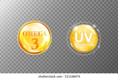 Shiny Molecule Elements, Omega 3 And Uv Protection Isolated On Transparent Background. 3D Illustration.