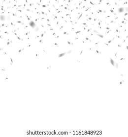 Shiny monochrome vector silver confetti abstract background. Festive party popper ribbon confetti design element for Christmas, birthday and other holidays invitation and greeting cards.