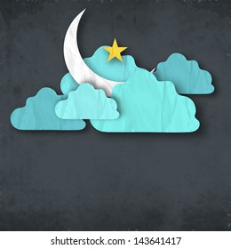 Shiny moon with golden star in clouds concept for Muslim community festival Eid Mubarak.