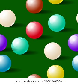 Shiny multi-colored balls cast shadows on a green background. Beautiful art seamless pattern with 3D effect. vector