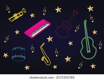 shiny music instruments with golden stars and musical keys