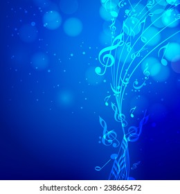 Shiny musical blue waves with musical notes on stylish blue background.