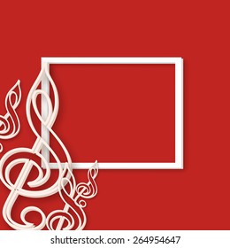 Shiny musical icons and frame for your text on red background. 