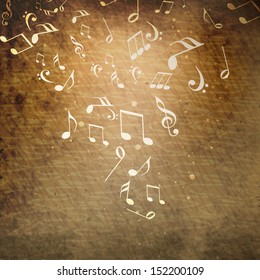 Shiny musical notes on grungy brown background, can be use as flyer, poster or banner in music concept and parties. 