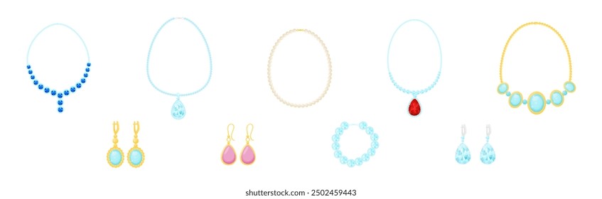 Shiny Necklace and Earring as Jewelry Object with Gem Vector Set