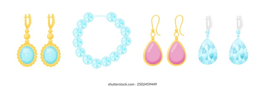 Shiny Necklace and Earrings as Jewelry Object with Gem Vector Set