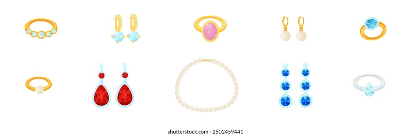 Shiny Necklace, Ring and Earrings as Jewelry Object with Gem Vector Set