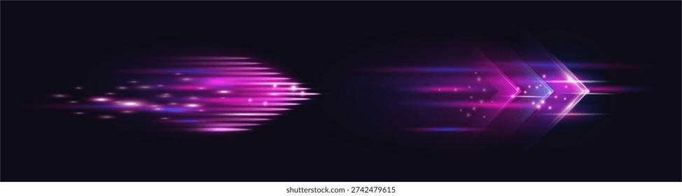 Shiny neon arrows with speed effect. Vector motion blur design elements with sparkles. Fast direction, futuristic navigation and progress symbols. Creative user interface highlights