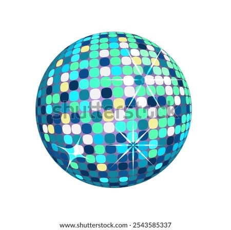 Shiny neon bright disco ball graphic illustration. Glowing disco ball, equipment for party and music events. Isolated glittering mirror sphere. Vector clip art cartoon.