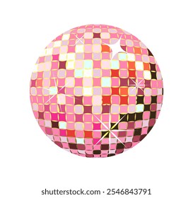 Shiny neon club disco ball illustration. Glowing disco ball, equipment for party and nightclub music events. Isolated glittering mirror sphere. Vector clip art cartoon.