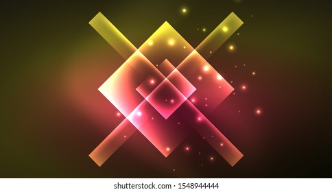 Diseño de neón brillante cuadrado forma fondo abstracto. Plantilla de banner de diseño abstracto vectorial retro. Fondo decorativo vectorial. Forma geométrica de diseño gráfico.