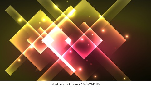 Design de néon brilhante forma quadrada fundo abstrato. Modelo de banner de design abstrato de vetor retrô. Fundo decorativo vetorial. Forma geométrica do desenho gráfico.