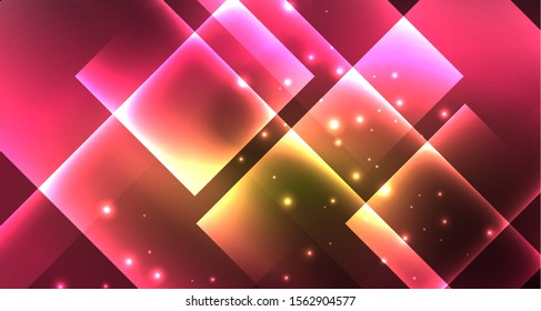 Diseño de neón brillante cuadrado forma fondo abstracto. Plantilla de banner de diseño abstracto vectorial retro. Fondo decorativo vectorial. Forma geométrica de diseño gráfico.
